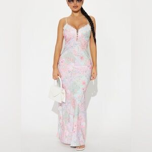 Fashion Nova Clara Printed Satin Maxi Dress